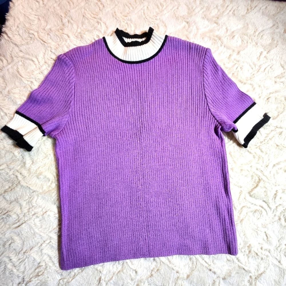 St John Sport ribbed sweater short sleeve lavender wool blend women's sx medium